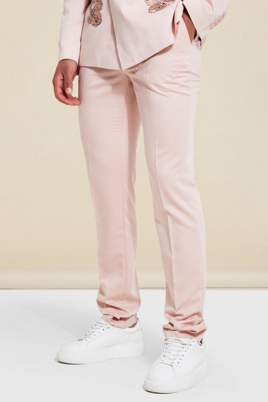 Pink rosa מכנסי חליפה בגזרה צרה עם רקמה פרחונית, לגברים גבוהים