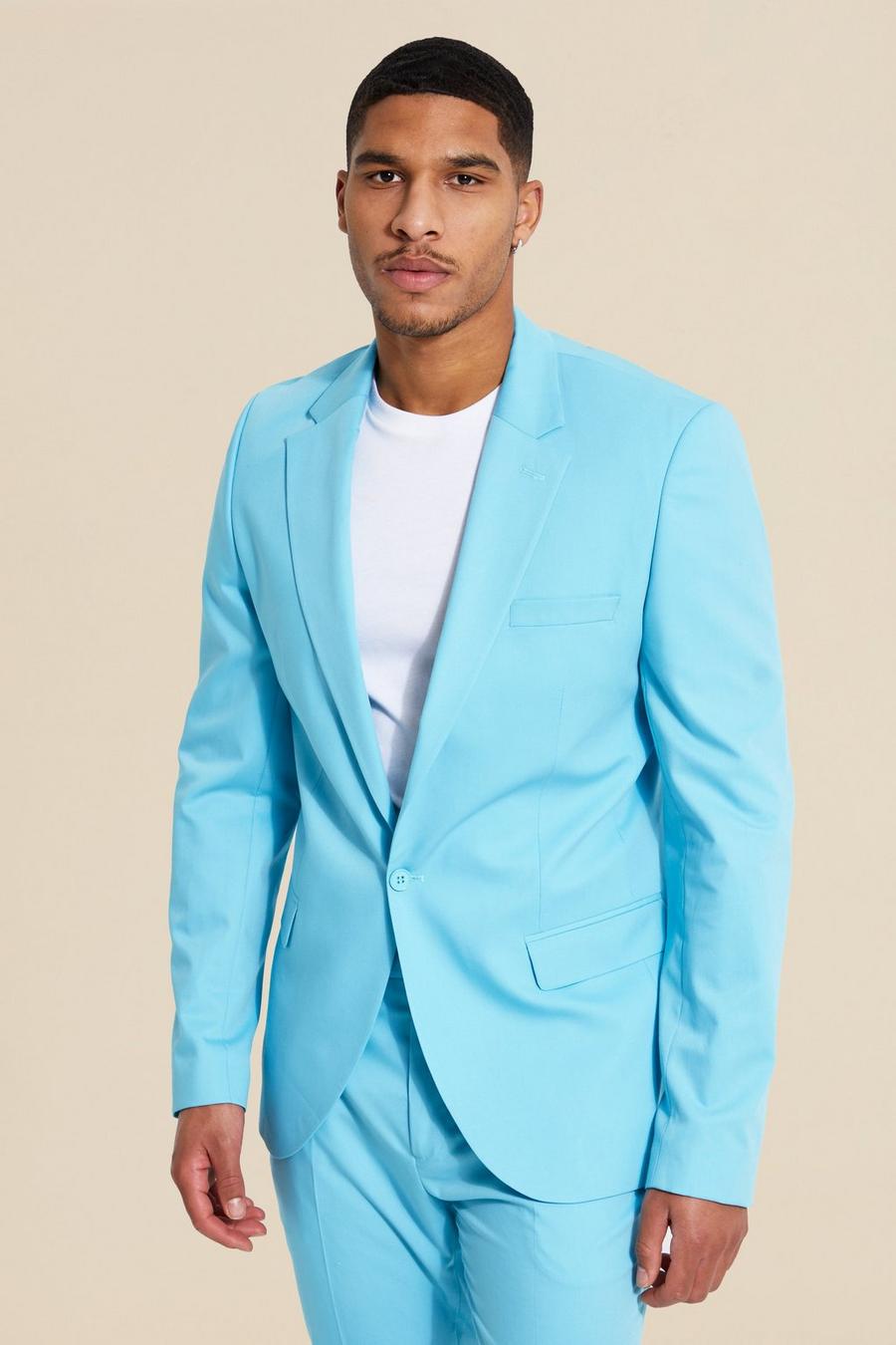Light blue azzurro ז'קט חליפה בגזרה צרה עם רכיסה אחת, לגברים גבוהים
