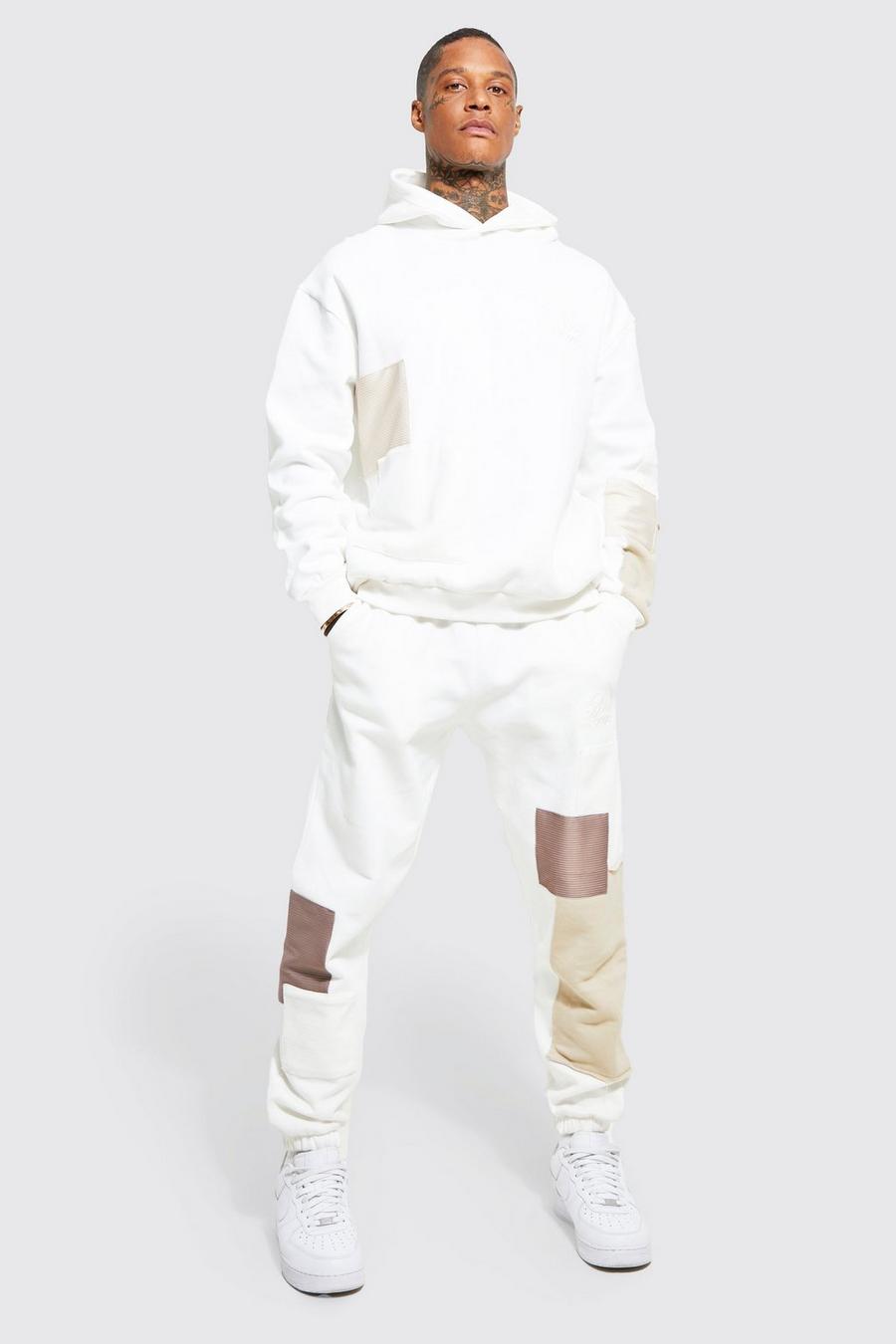 Ecru white Oversized Patchwork Detail Hooded Tracksuit