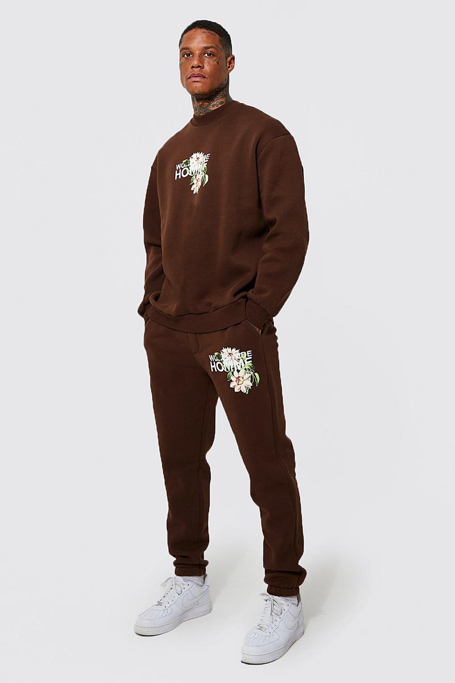 Chocolate Oversized Floral Back Print Sweater Tracksuit image number 1
