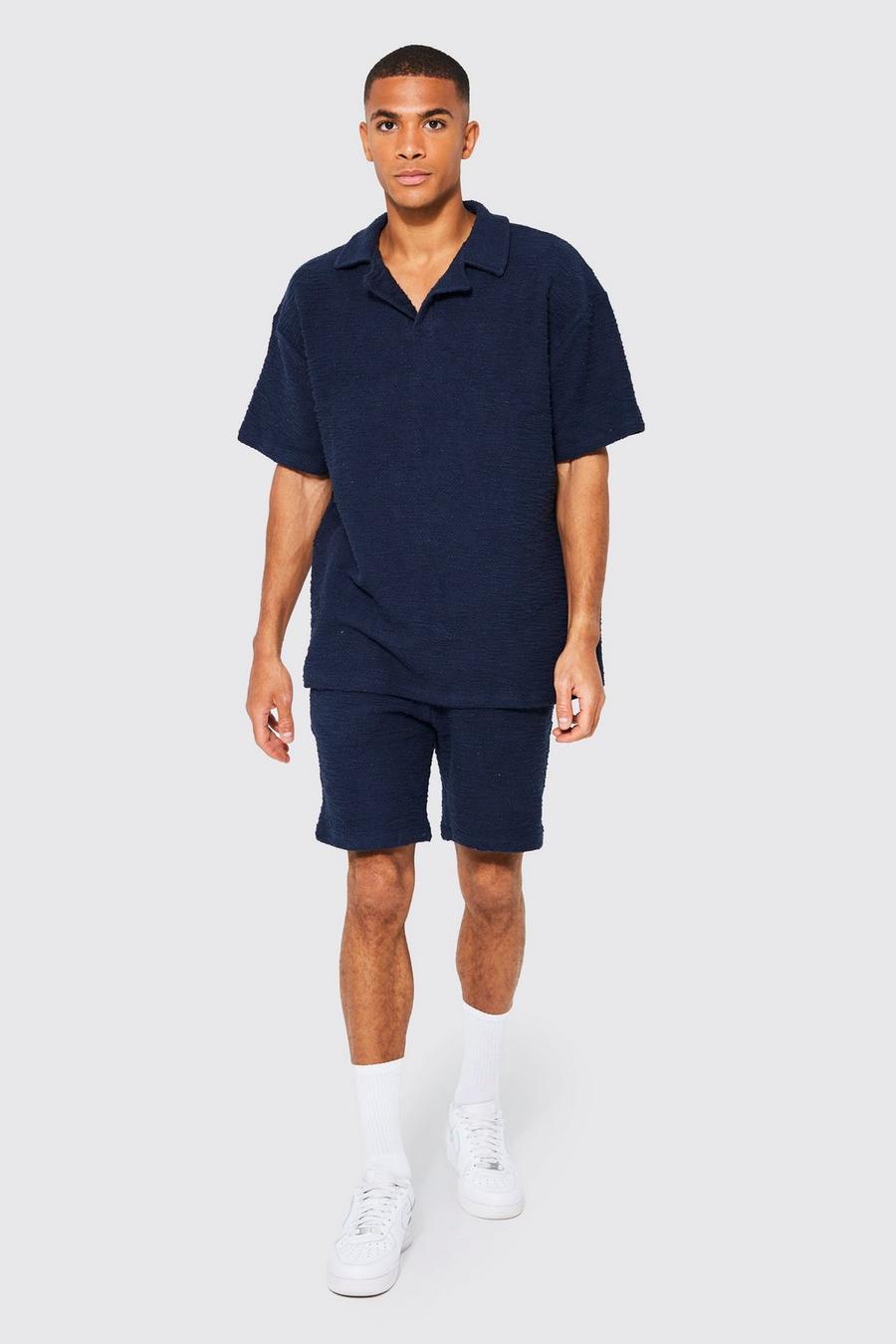 Navy marinblå Textured Revere Polo And Short Set