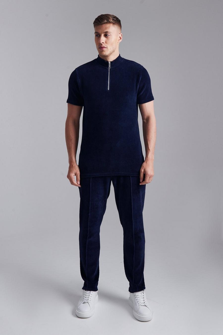 Navy Ribbed Velour Polo And Jogger Tracksuit image number 1