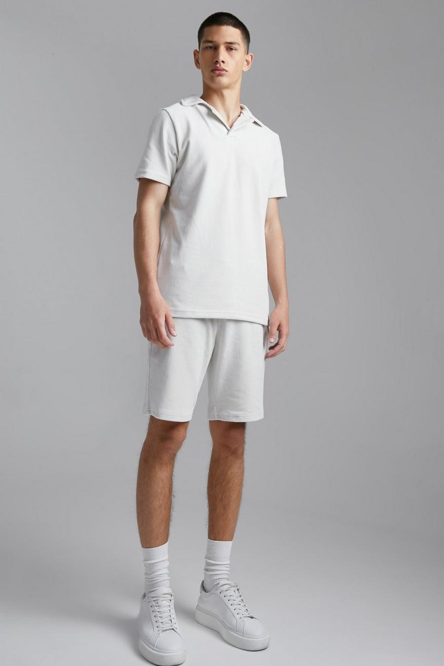 Light grey Ribbed Velour Polo And Cargo Short Set image number 1