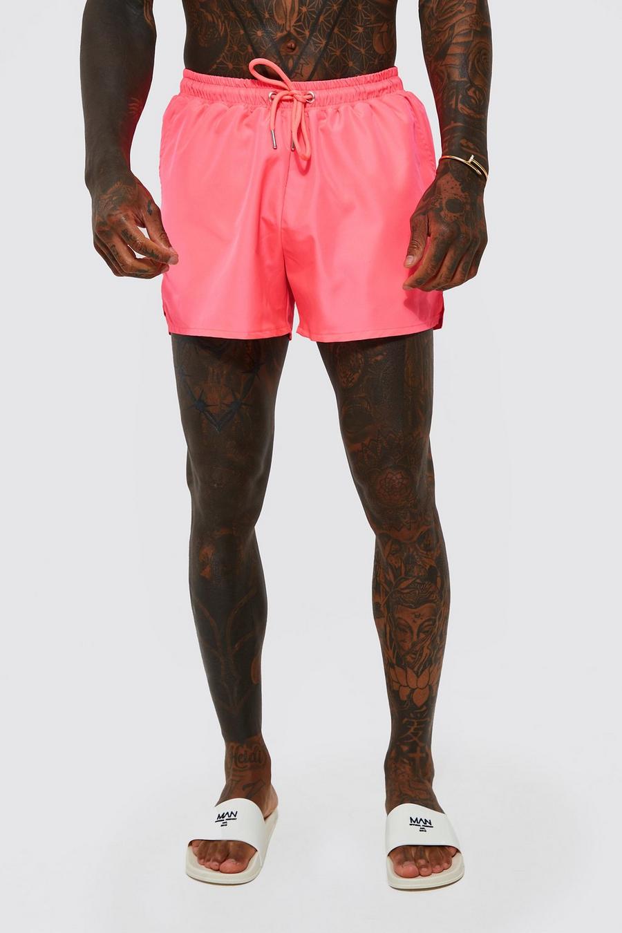 Neon-pink Short Length Split Hem Swim Shorts image number 1