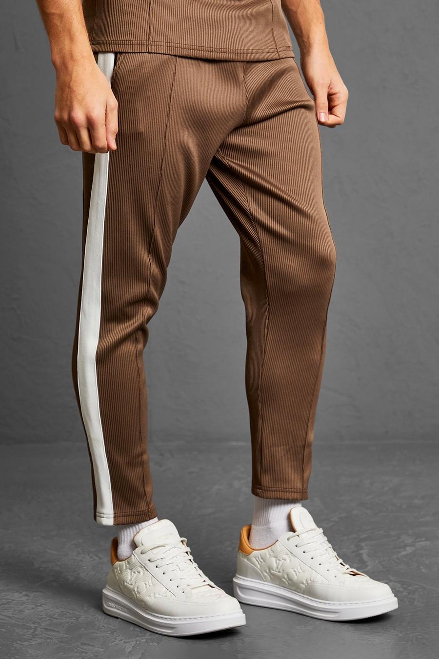 Chocolate Cropped Tapered Pleated Jogger With Tape image number 1