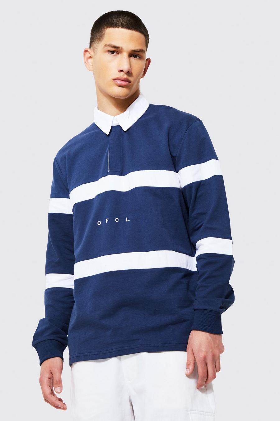 Navy Long Sleeve Ofcl Panelled Rugby Polo image number 1