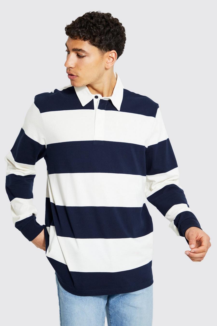 Navy Long Sleeve Colour Block Rugby Polo image number 1