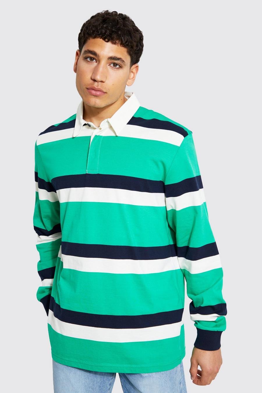 Green Long Sleeve Colour Block Rugby Polo image number 1