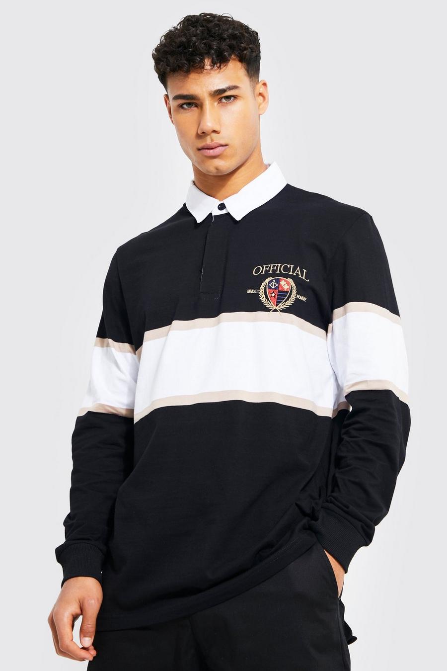 Black Long Sleeve Panelled Rugby Crest Polo image number 1