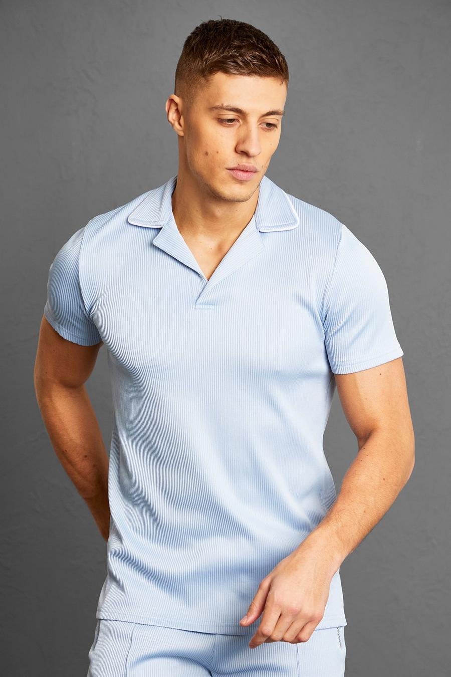 Pale blue blå Slim Fit Ribbed Revere Polo With Piping image number 1