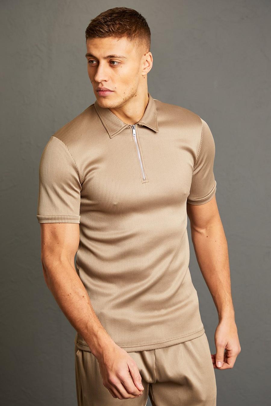 Taupe  Muscle Fit Ribbed Polo image number 1