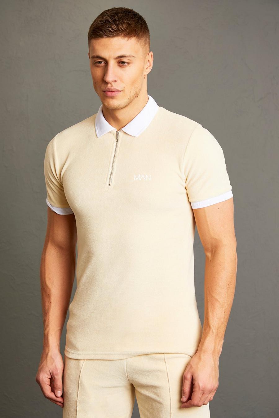 Sand Muscle Fit Velour Polo With Contrast Collar image number 1