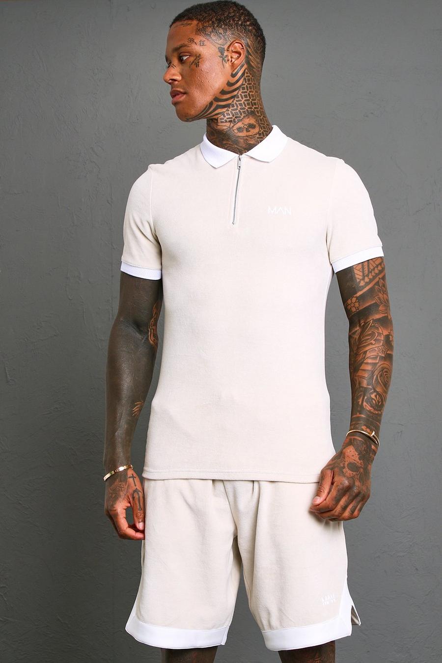 Grey Muscle Fit Velour Polo With Contrast Collar