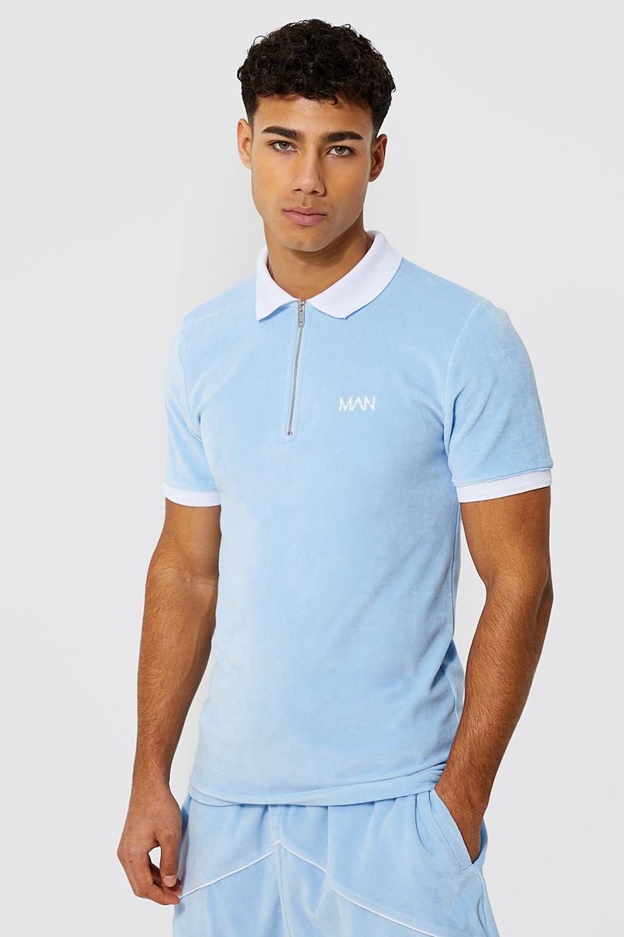 Blue Muscle Fit Velour Polo With Contrast Collar image number 1
