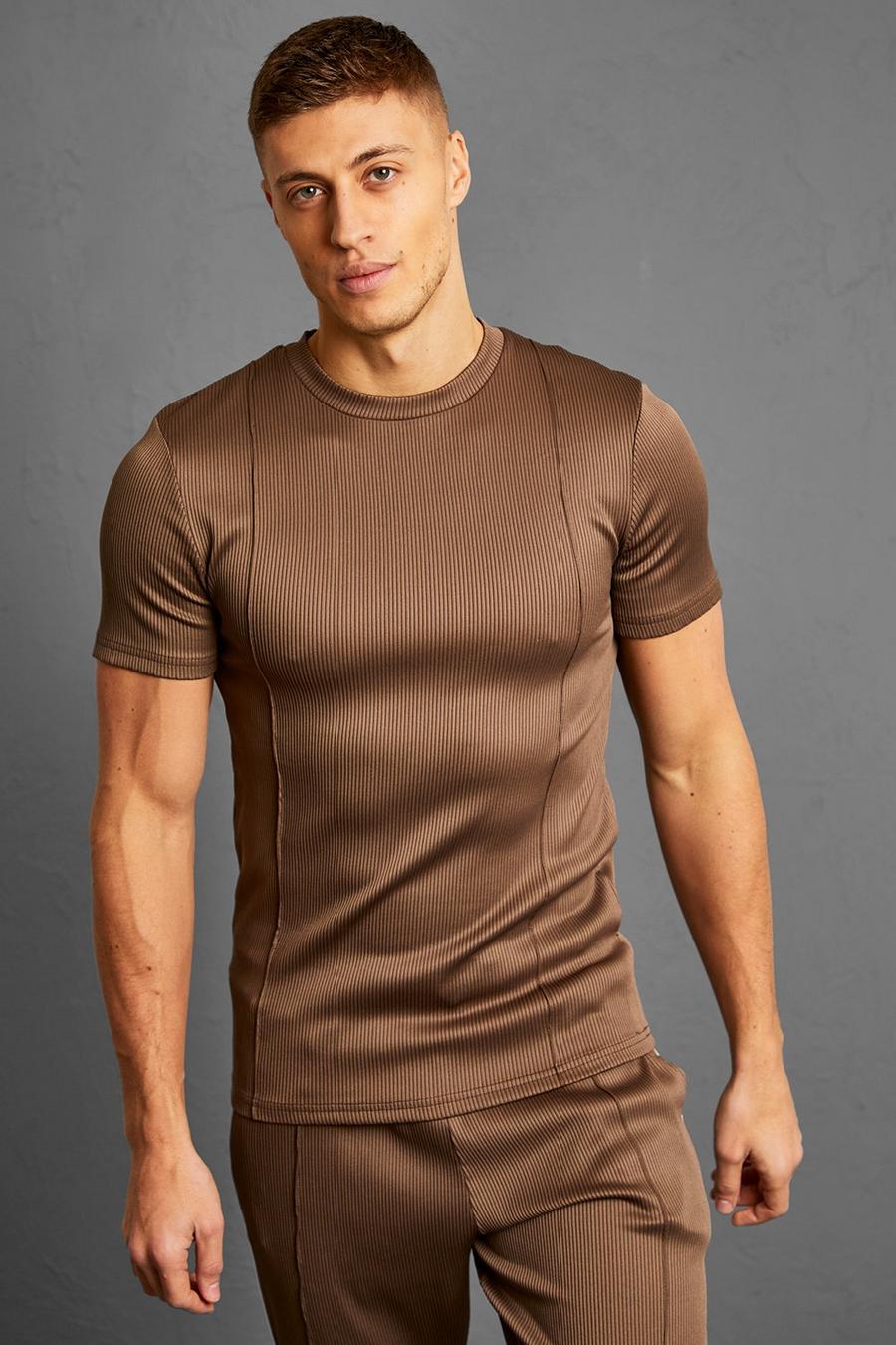 Camiseta plisada ajustada al músculo con cinta en la espalda, Chocolate marrone image number 1