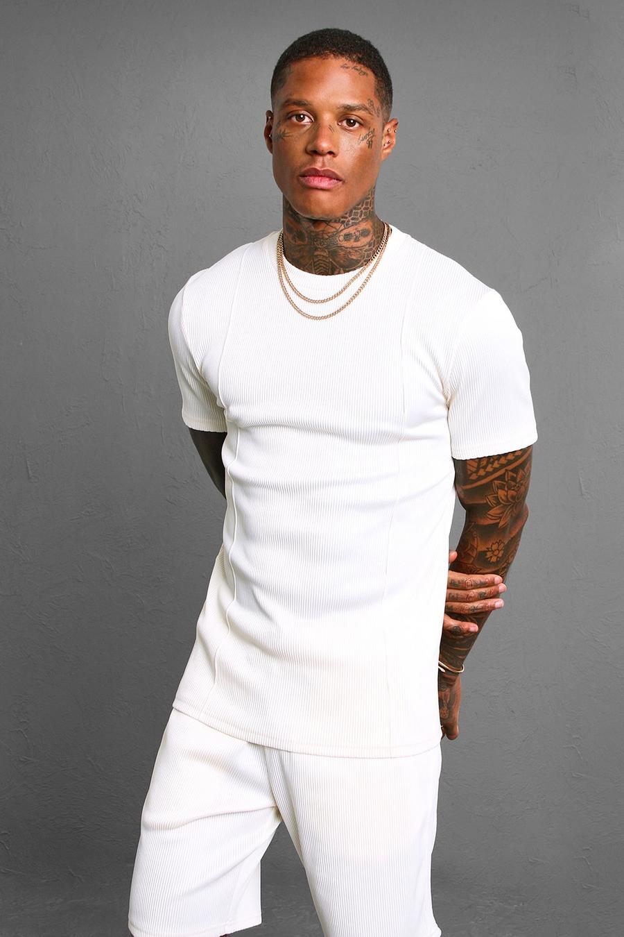 T-shirt attillata con pieghe e striscia sul retro, Ecru blanco