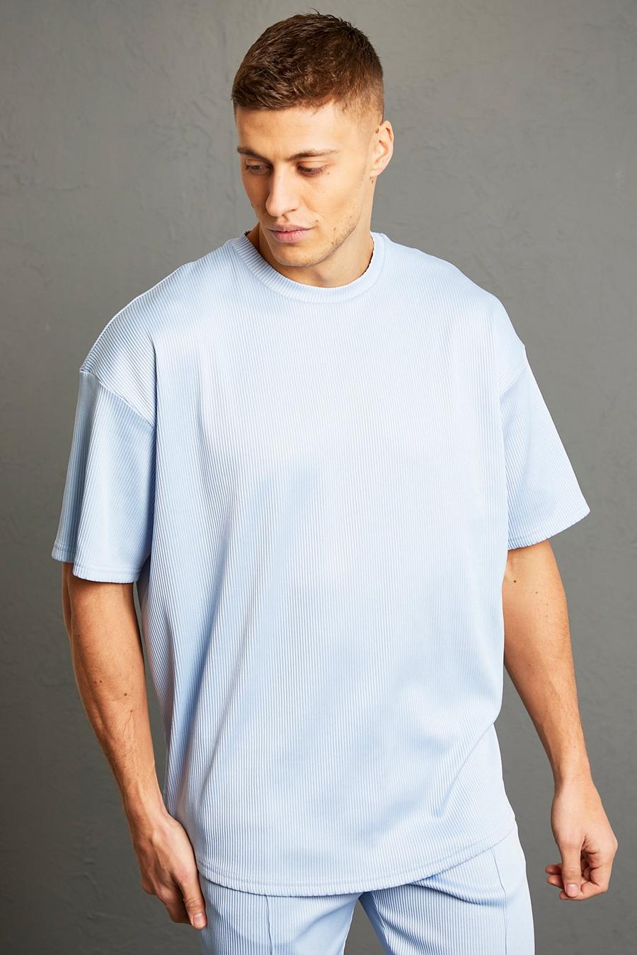Pale blue Oversized Ribbed T-shirt With Curved Hem