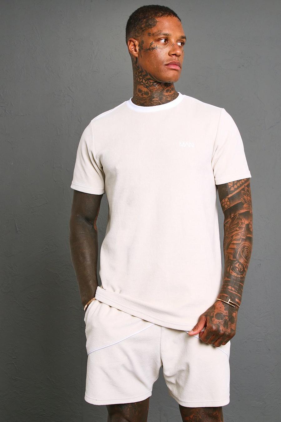 Grey Slim Fit Velour T-shirt With Piping