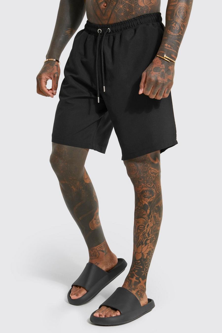 Black Long Length Plain Swim Shorts