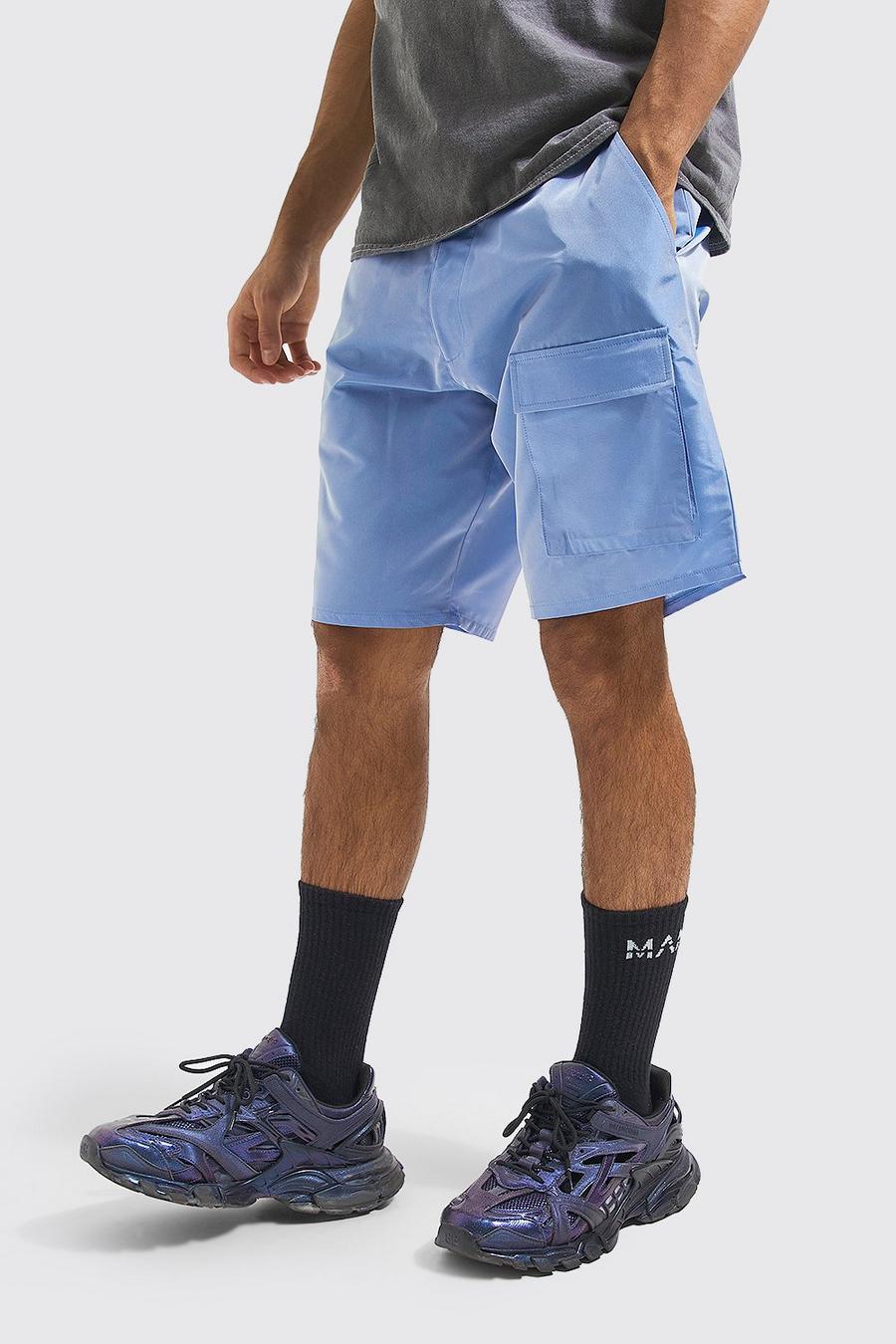 Blue Fixed Waist Relaxed Iridescent Cargo Shorts image number 1