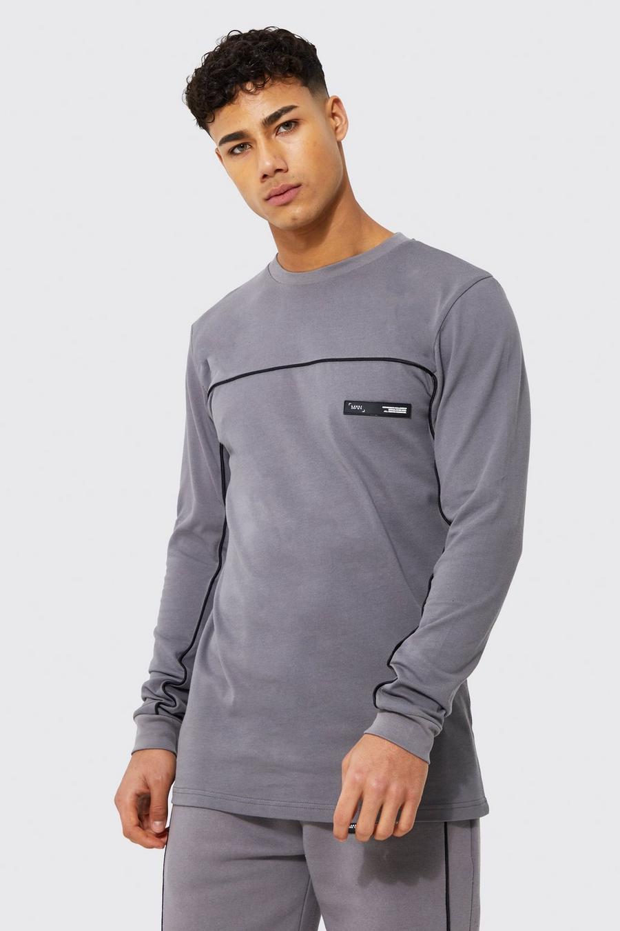 Charcoal Slim Fit T-Shirt Met Lange Mouwen En Biezen image number 1