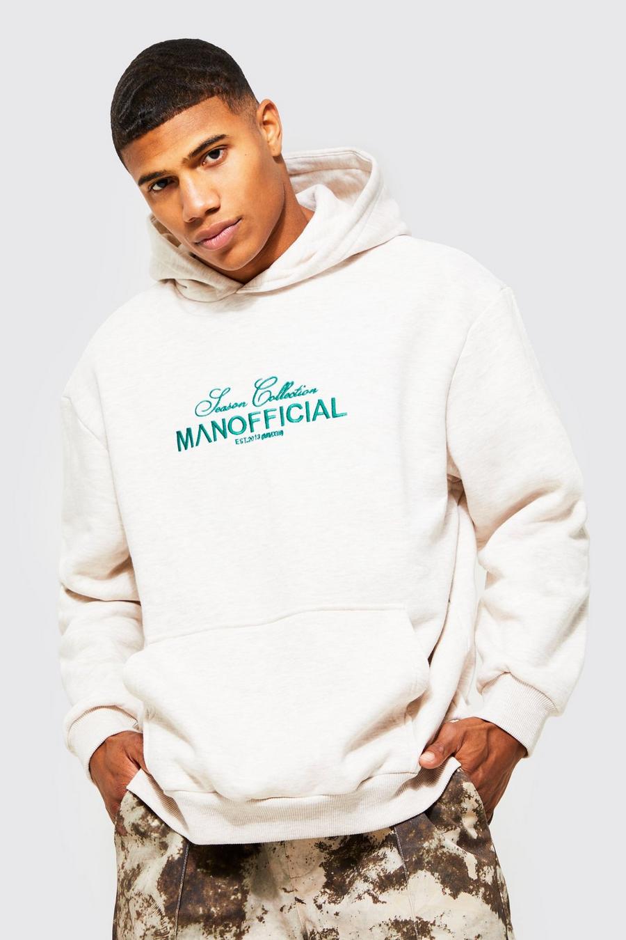 Ecru white Oversized Man Embroidered Marl Hoodie image number 1