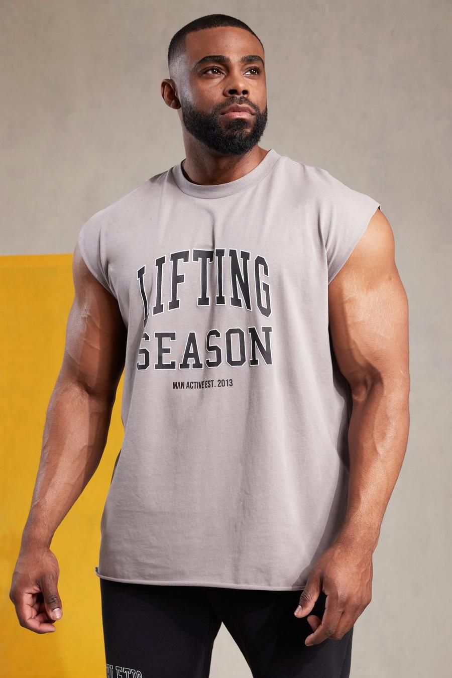 Grey grau Man Active Gym Athletic Cut Off T Shirt