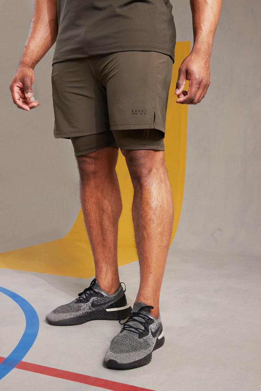 Khaki Man Active Gym Athletic 2 In 1 Shorts image number 1