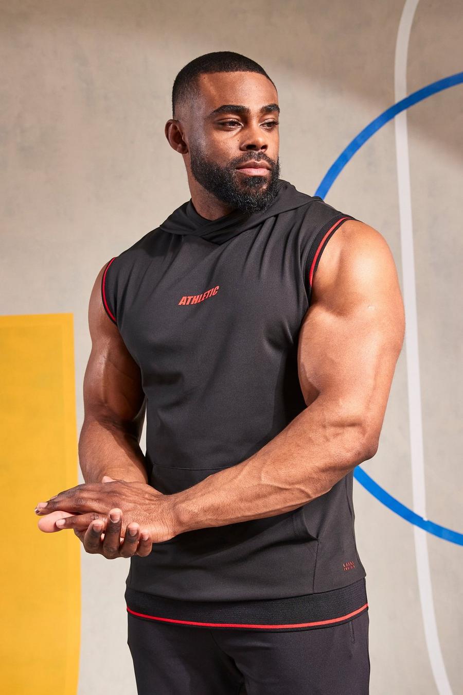 Black Man Active Gym Sports Rib Short Sleeve Hoodie image number 1