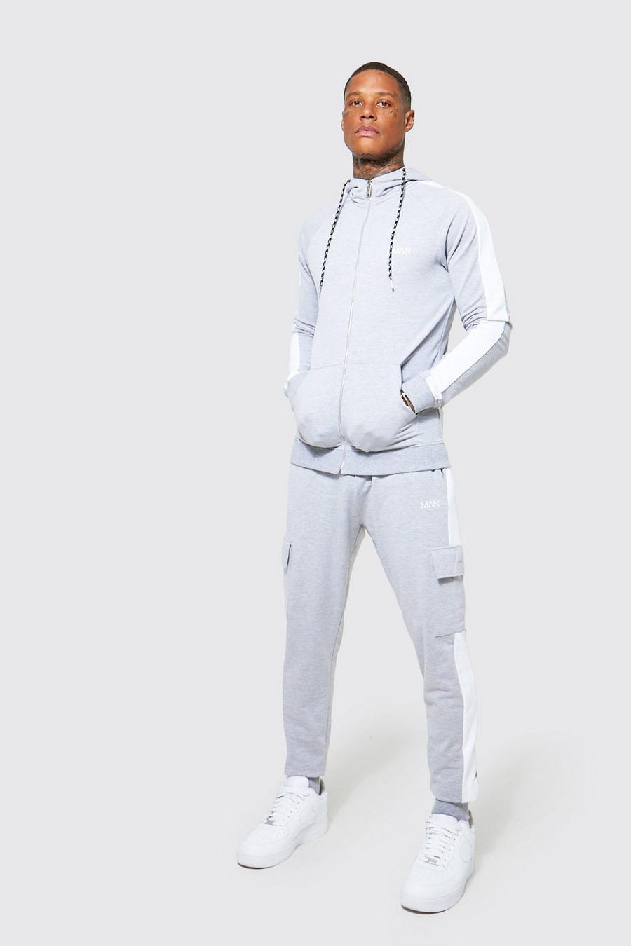 Grey marl Man Muscle Fit Tracksuit With Cargo Pocket