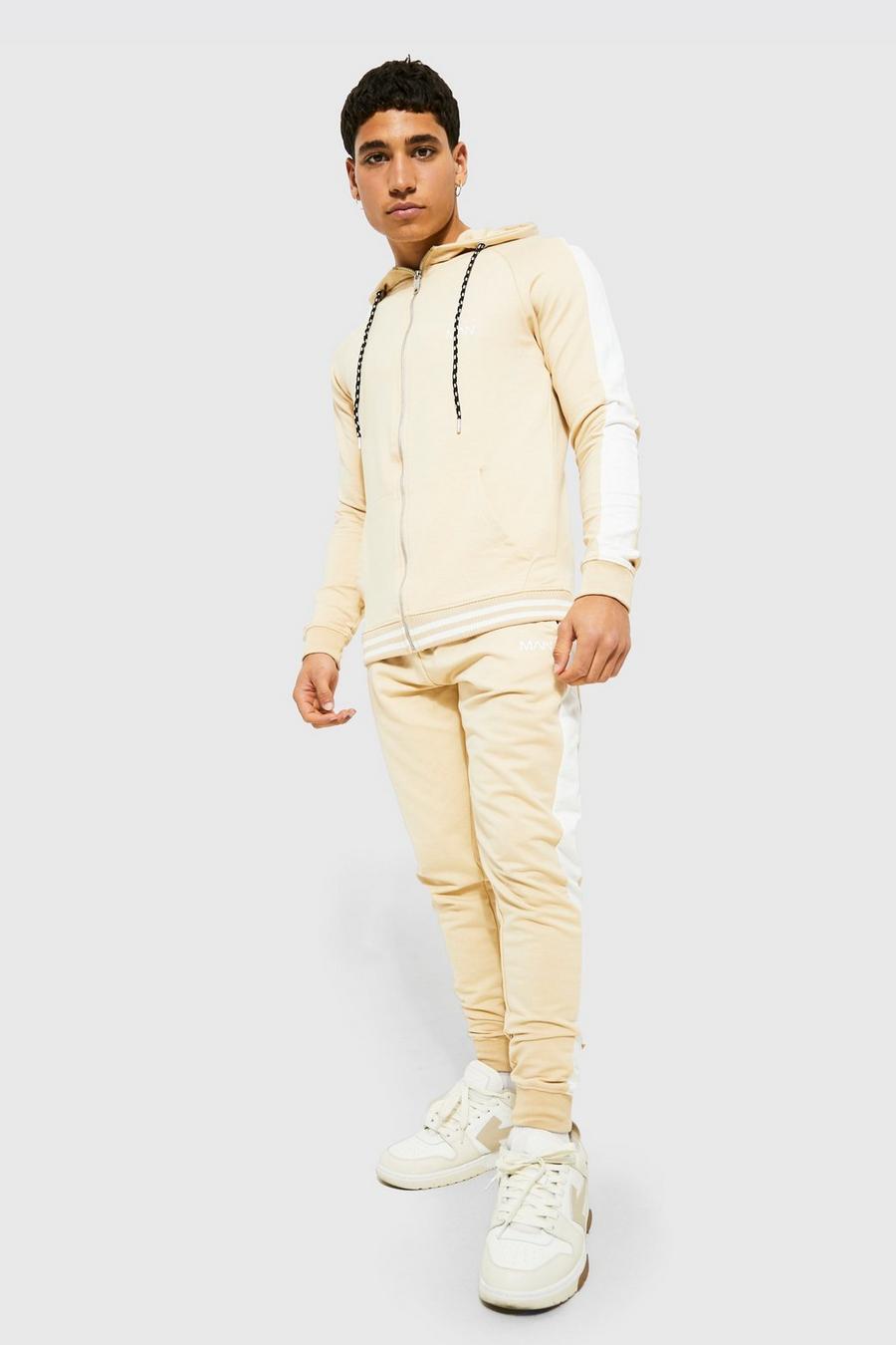 Sand beige Man Muscle Fit Tracksuit With Sports Rib