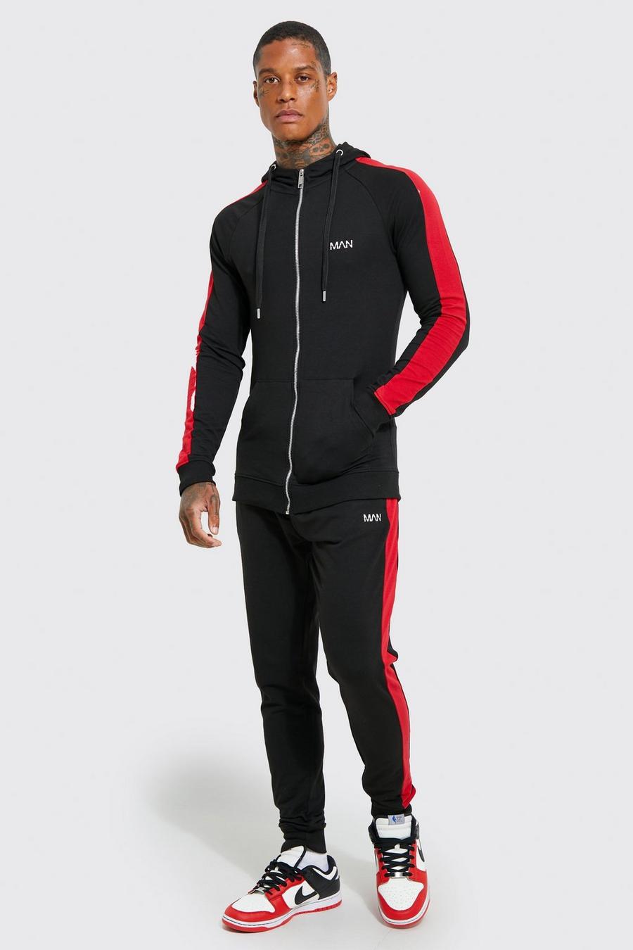 Black svart Man Muscle Fit Tracksuit With Man Drawcords