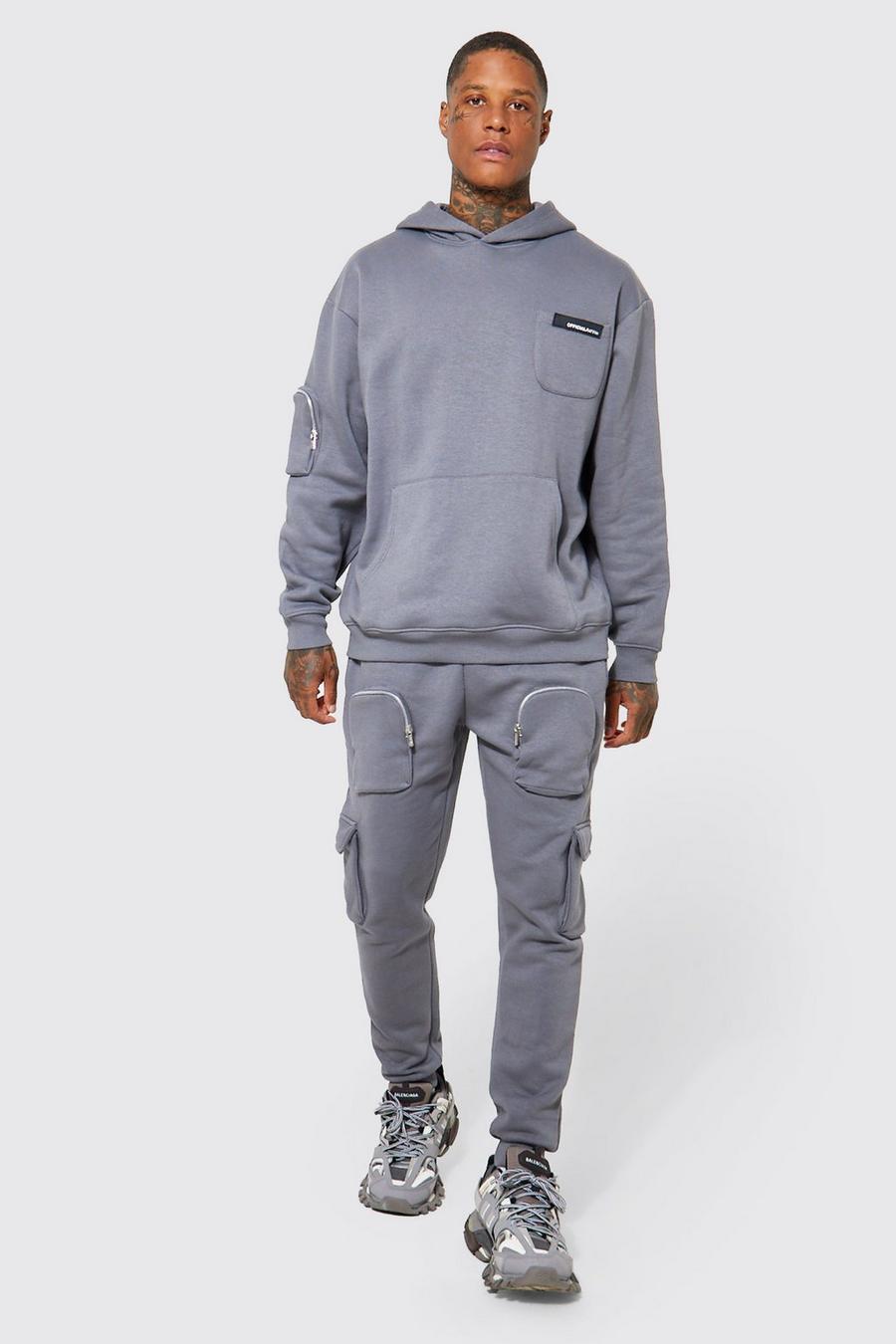 Charcoal grey Oversized Cargo Hooded Tracksuit