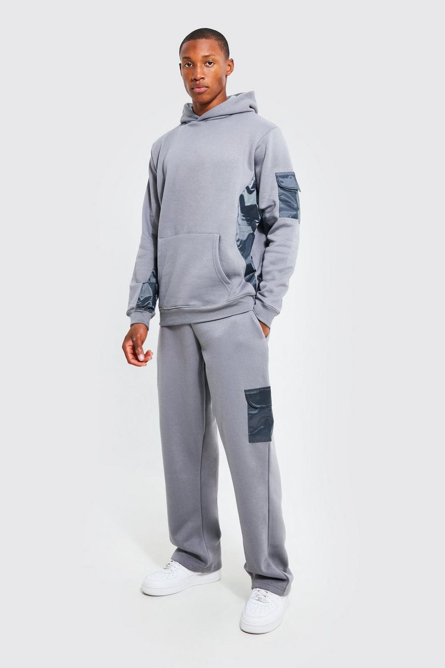 Charcoal Oversized hoodie och mjukisbyxor med fickor och paneler i nylon image number 1