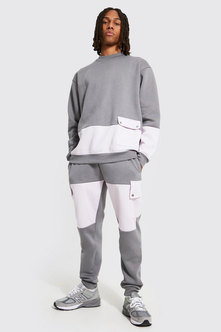 Charcoal grå Oversize träningsoverall med sweatshirt och cargofickor image number 1