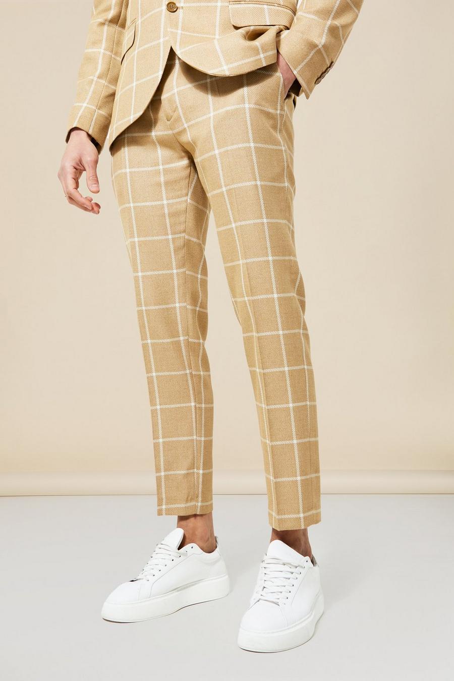 Beige Slim Check Crop Suit Trousers image number 1