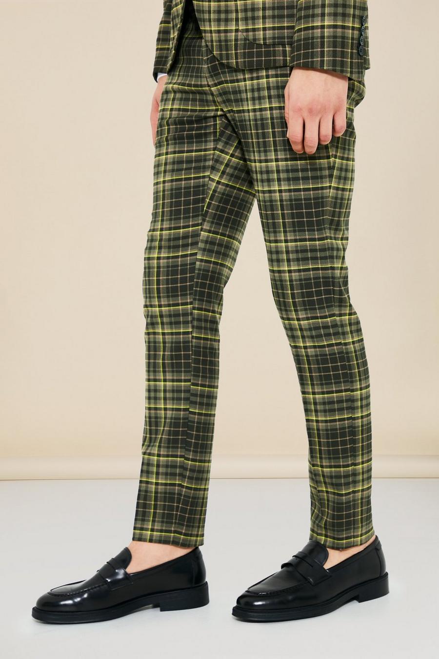 חאקי kaki מכנסי חליפה סקיני עם הדפס משבצות image number 1