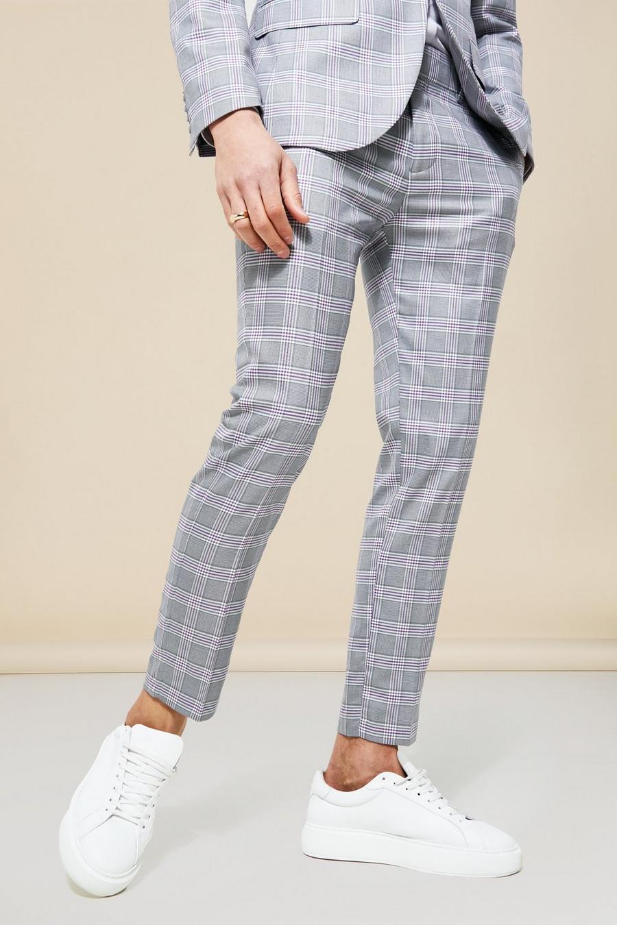 Pantalón de traje pitillo con estampado de cuadros, Grey gris