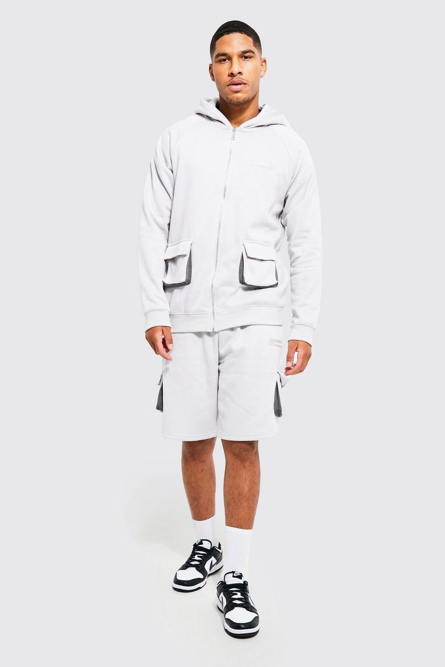 Light grey Tall Man Cargo Short Hooded Tracksuit image number 1