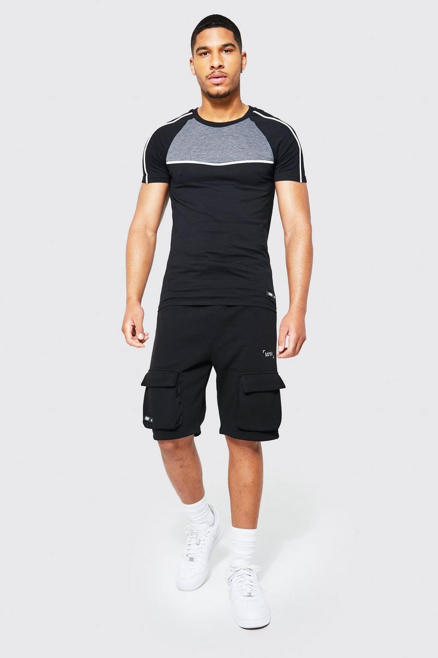 Black schwarz Tall Man Muscle Fit T-Shirt En Cargo Shorts Set