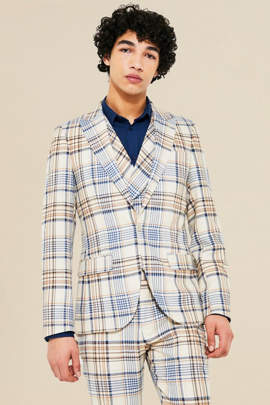 Beige Single Breasted Check Skinny Suit Jacket