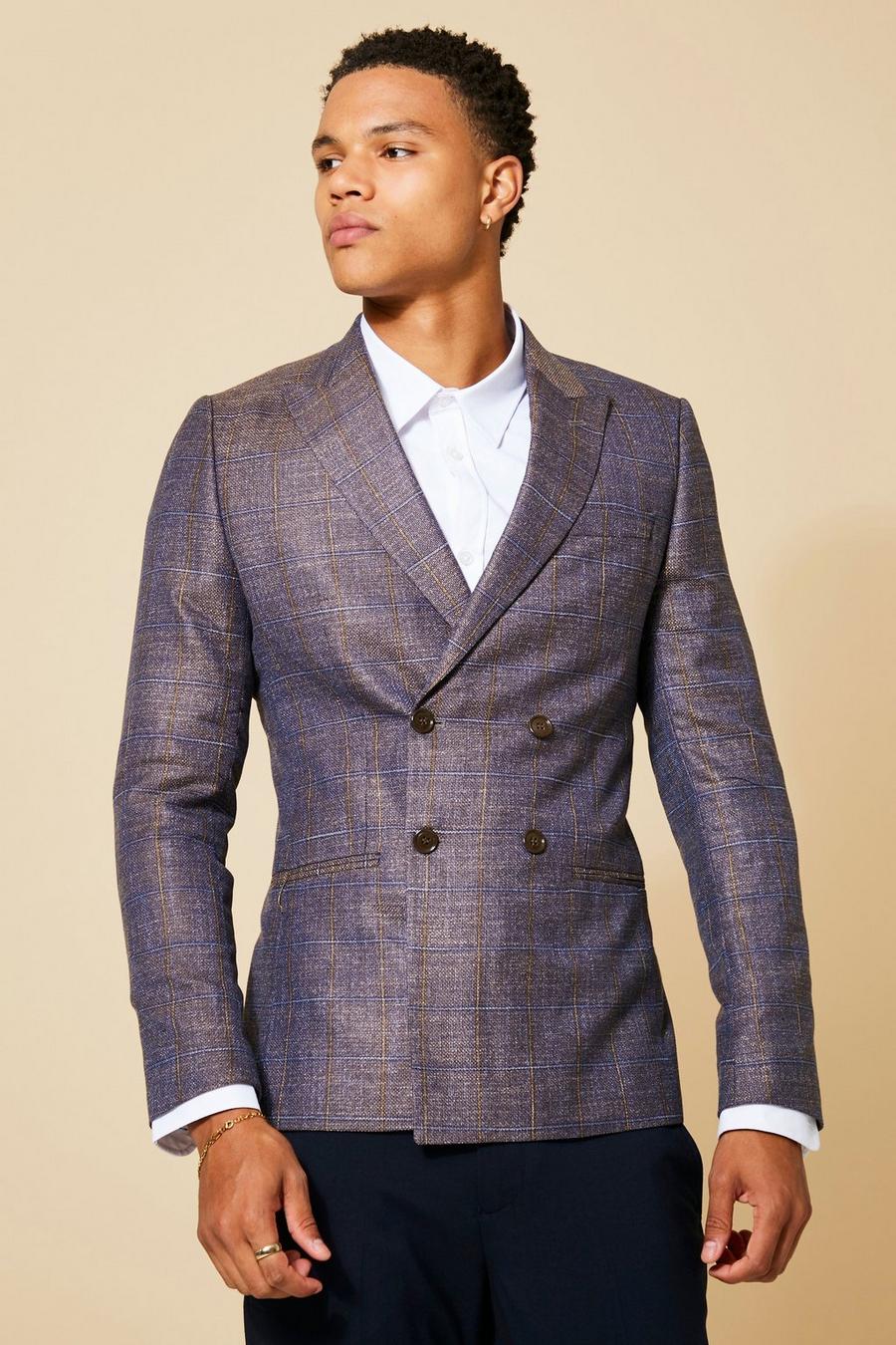 Dark blue Double Breasted Slim Check Suit Jacket image number 1