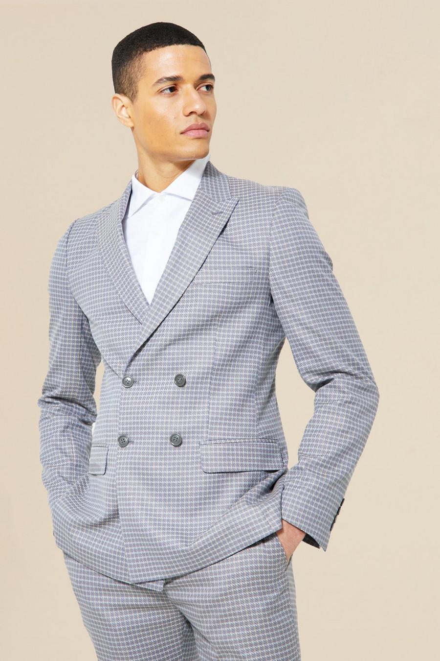 Khaki Double Breasted Slim Check Suit Jacket