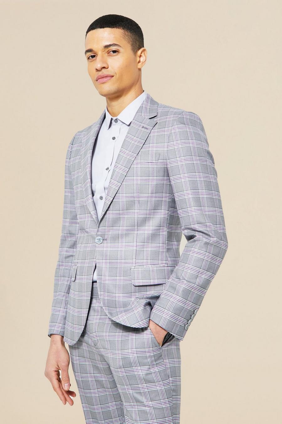 Grey gris Single Breasted Skinny Check Suit Jacket