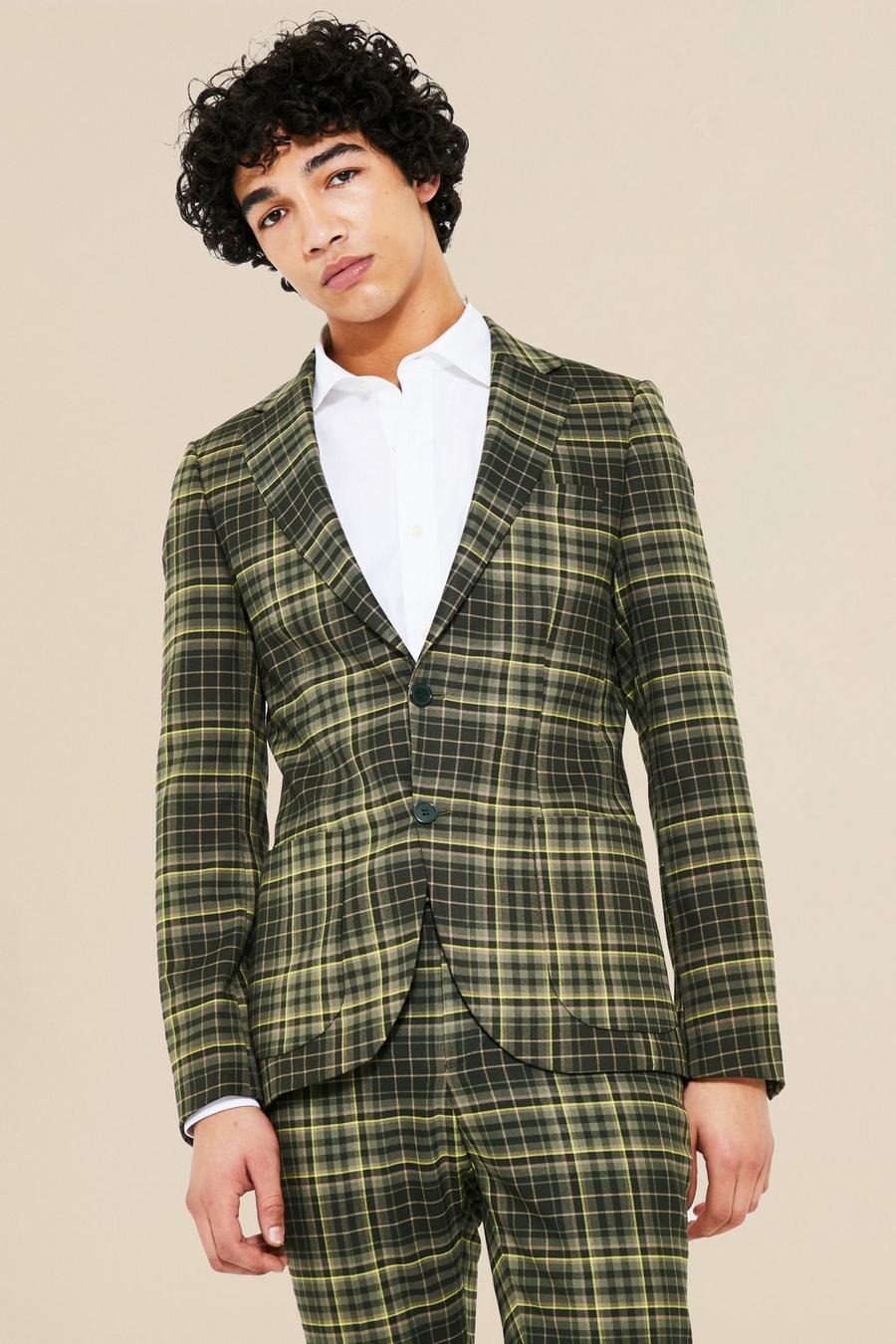 Khaki Single Breasted Skinny Check Suit Jacket