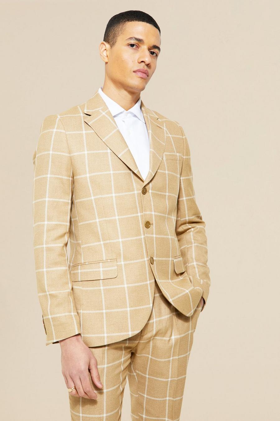 Beige Single Breasted Check Slim Suit Jacket image number 1