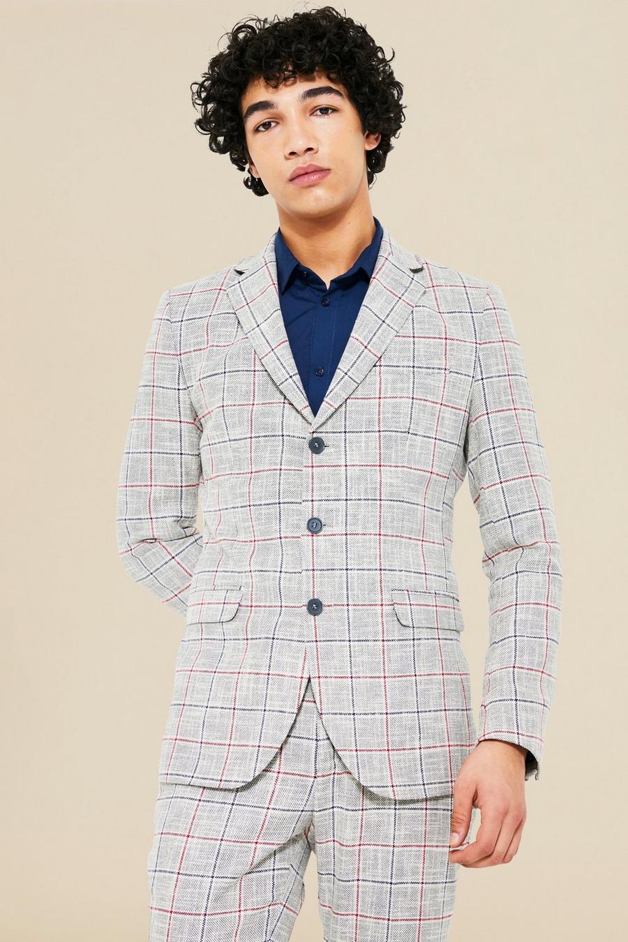Grey grå Single Breasted Check Skinny Suit Jacket image number 1