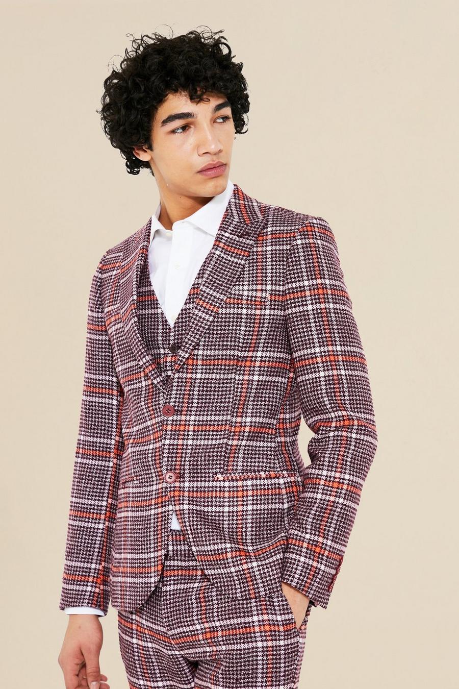 Purple Single Breasted Skinny Check Suit Jacket image number 1