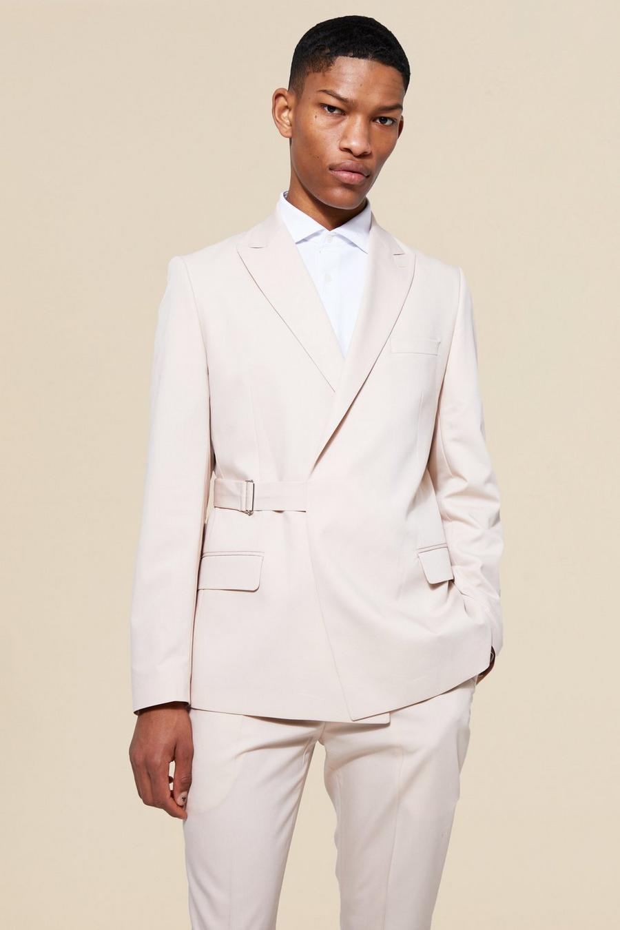 בז' beige ז'קט חליפה בגזרה צרה עם חגורה ודשים כפולים  image number 1