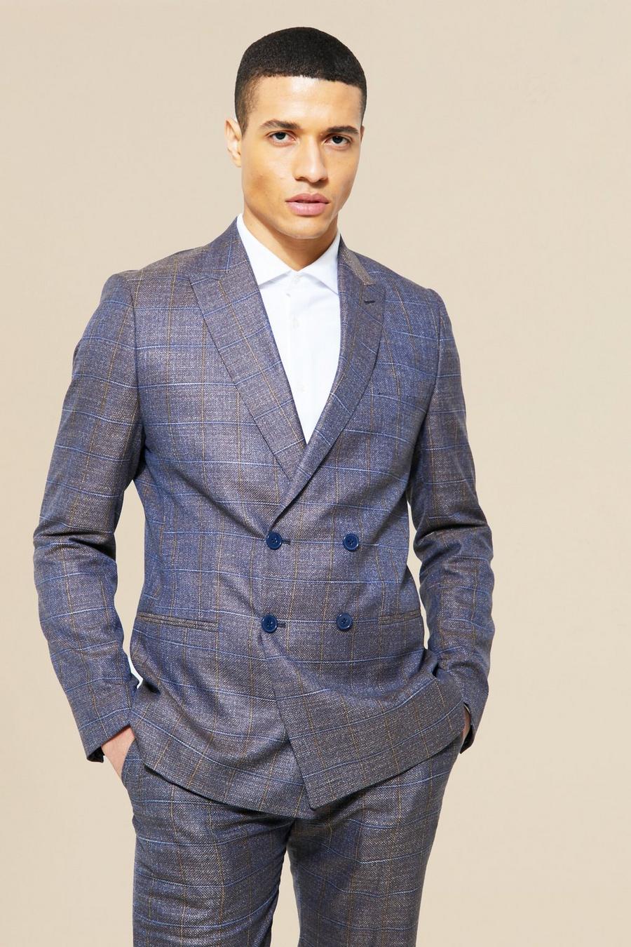 Blue azul Double Breasted Dogstooth Skinny Suit Jacket